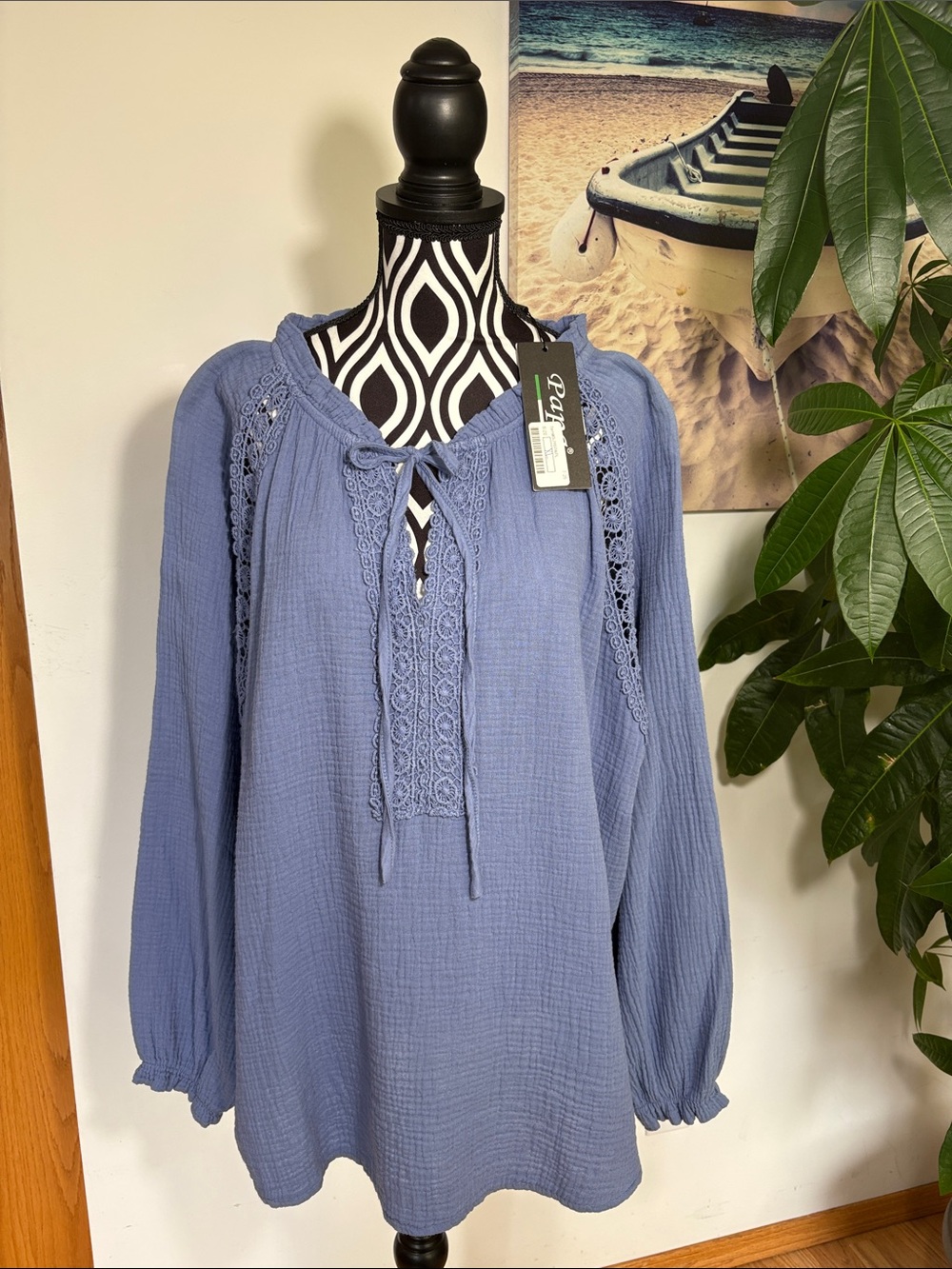 NWT PAPA VANCOUVER Relaxed Lace-Inset Peasant Blouse in Dusty Blue GORGEOUS